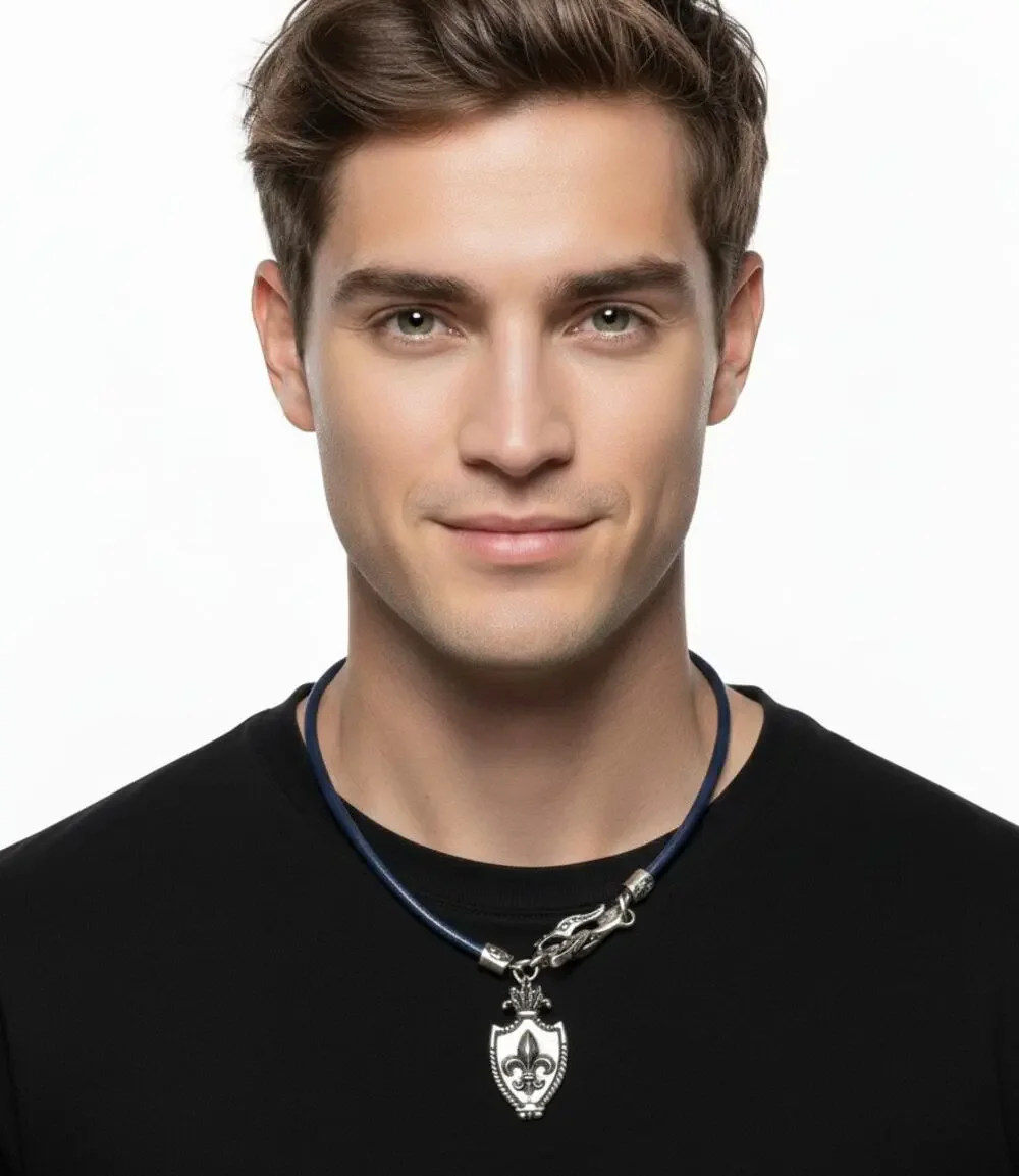 Stigma Mens Navy Blue Cord Necklace Silver Tone Fleur-de-Lis Shield Pendant NWT